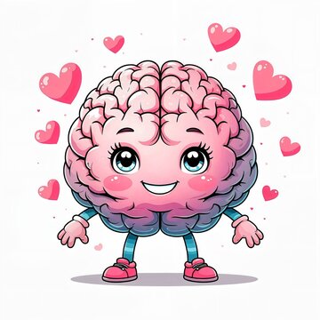 A cute, smiling cartoon brain with arms and legs, surrounded by pink hearts, conveys a sense of happiness and intelligence.