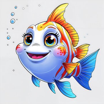A charming, cartoon-style fish with vibrant orange and blue stripes and big, expressive eyes swims playfully, surrounded by a trail of bubbles.