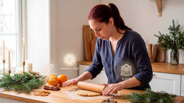 Christmas home baker preparing seasonal cookie dough with illustrated holiday ingredients