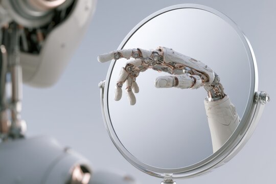 Robot Hand Reflect in Mirror, AI Self-Awareness, Artificial Intelligence Concept