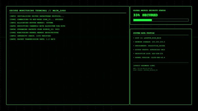 Secure Monitoring Terminal Main Logs Screen Displaying Global Matrix Security Status and Encryption Key Verification Processing On Green HUD System.