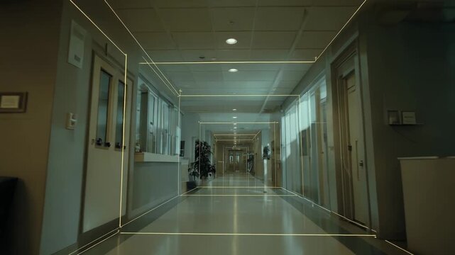 Empty long medical clinic corridor visualizing a wireframe user interface, illustrating digital mapping, augmented reality, and building information technology