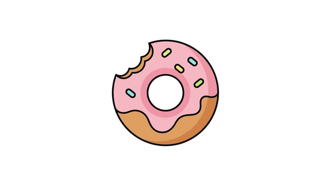 Cartoon-style donut with pink frosting and sprinkles, showing a bite mark illustration