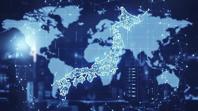 A glowing digital map of an island nation connected by a network of data points