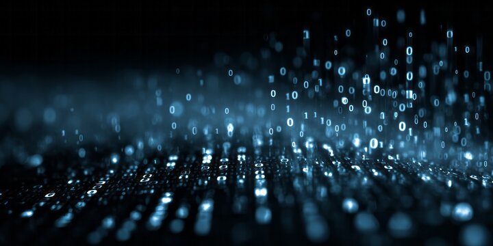 Digital stream of blue binary code flows in a dark abstract background.