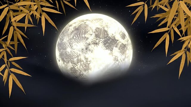 A Luminous Full Moon Framed by Golden Bamboo Fronds Over a Misty Nightscape