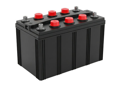 Four black car batteries connected in series isolated transparent png
