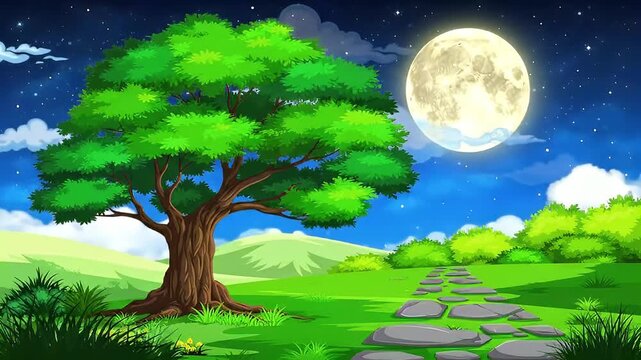 A Luminous Full Moon Over a Tranquil Countryside with a Winding Stone Path and a Mighty Green Tree