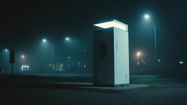 Vending machine glowing on a foggy urban street at night, casting cool blue green light over wet pavement and empty sidewalks, evoking solitude and quiet mystery