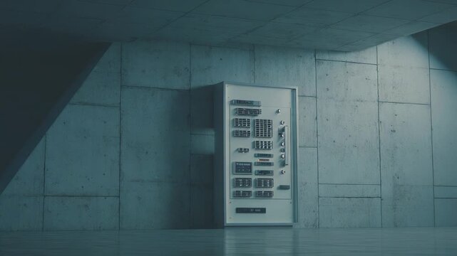 Industrial panel with various gauges and buttons standing in a dimly lit brutalist concrete room, representing themes of retro futurism, technology, and automation