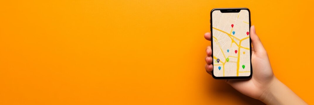 Hand is holding a smartphone displaying a gps navigation map with colorful location pins on an orange background, providing a modern concept of location tracking and route planning