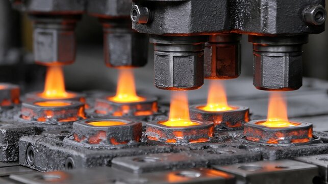 Compression molding process in action creating durable engine mounts with molten rubber injected into precise molds.