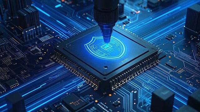 A glowing digital shield icon is displayed on a modern computer processor chip