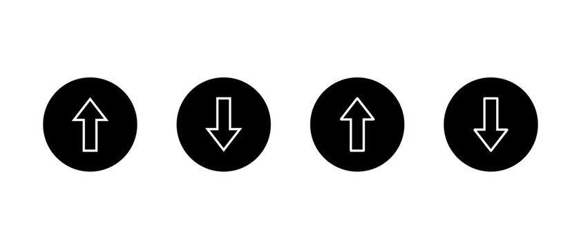 Up and down arrow outline icon in black circle. Upward and downward symbol. Vertical arrows direction sign