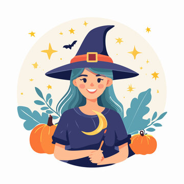 Cute Witch with Crescent Moon Wand and Pumpkins
