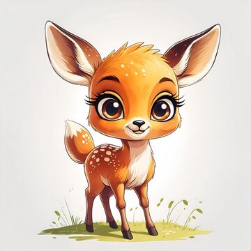 A charming cartoon fawn with big expressive eyes and delicate spotted markings stands on a patch of grass, exuding a sense of innocence and wonder.