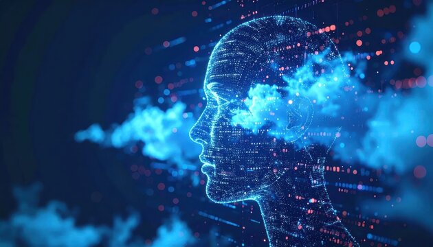 Abstract digital human head profile in a technology cloud