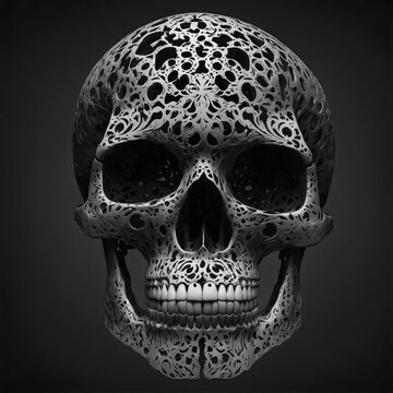 Intricately designed human skull illustration with delicate ornate lacework patterns on dark background
