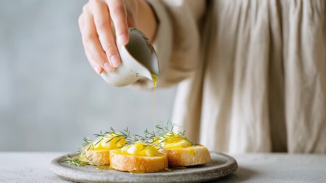 Woman pouring olive oil over gourmet crostini topped with herbs