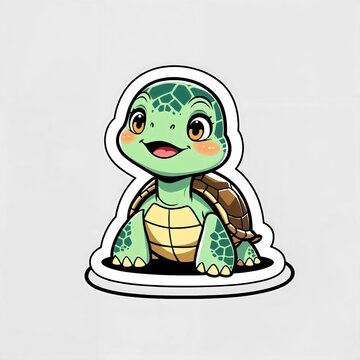 A cute, cartoon-style turtle with a friendly smile and big eyes, peeking out from its shell
