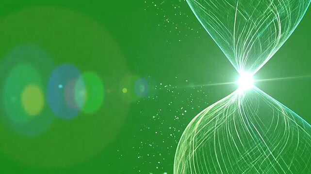Abstract glowing light lines forming a digital hourglass shape on green background