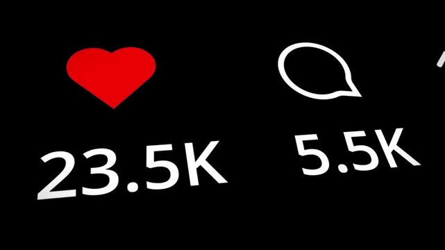 Social media interface showing heart icon likes and comment counts increasing rapidly on a digital screen motion graphic video
