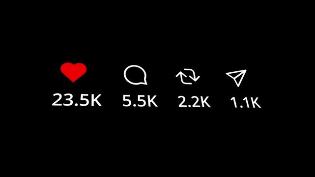 Social media engagement interface showing rapidly increasing numbers of likes comments shares and direct messages in a digital animation