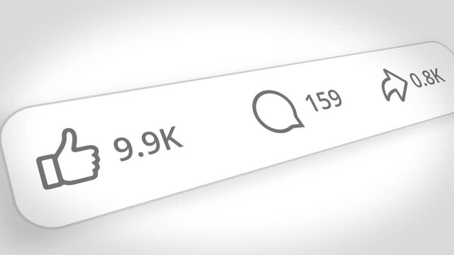 Social media engagement counter increasing likes comments and shares on a digital interface screen in a seamless motion loop