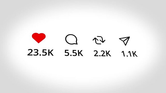 Social media engagement counters increasing rapidly with heart likes comments and reposts in a cinematic motion graphics animation clip