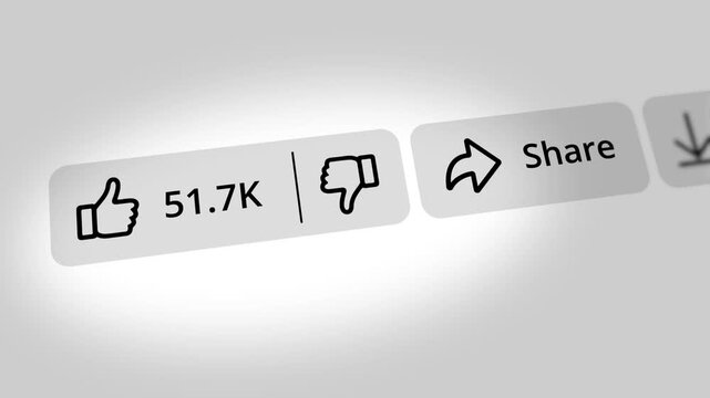 Social media interaction counter showing increasing like counts with share and download buttons on a digital video interface screen
