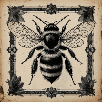 An artistic illustration depicts a detailed bee, framed by vintage floral ornaments, with a warm, aged parchment background, evoking a sense of natural history and intricate design.