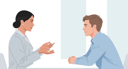 Fototapeta premium Business meeting: Woman and man in office, vector illustration.