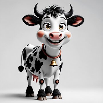 A cheerful cartoon cow with a friendly smile and large, expressive eyes stands on a light gray background, wearing a red collar with a golden bell.