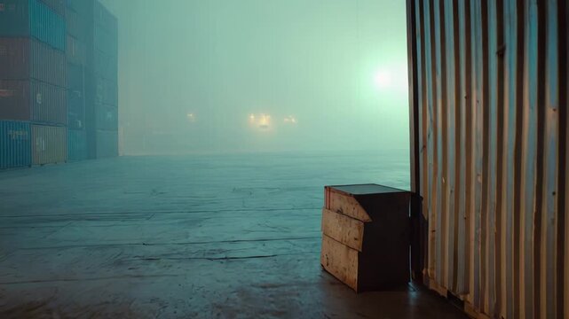 Shipping containers standing in a row at an industrial port, casting a cold glow in the dim twilight with heavy fog obscuring the background landscape