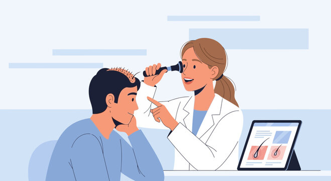 Hair loss consultation with doctor. Alopecia, baldness treatment.
