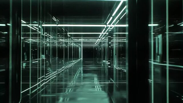Abstract tunnel presenting a futuristic digital network grid with glowing neon lights, reflecting on parallel glass surfaces and creating an immersive technology environment