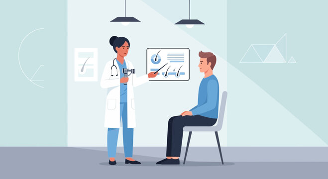 Patient and trichologist consult about hair loss treatment.