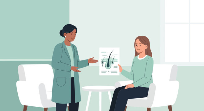 Woman at trichologist appointment. Hair problem treatment concept.