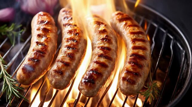 Grilled Sausages Cooking on BBQ Grill with Flames and Smoke, Juicy Barbecue Meat on Hot Charcoal During Outdoor Summer Cookout and Backyard Food Party