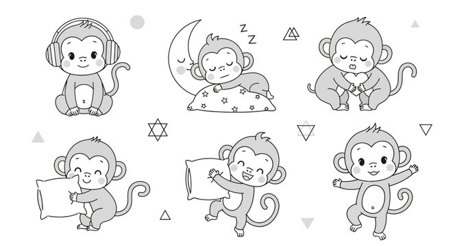 Cute Cartoon Monkey Set with Pillows and Headphones, Vector Illustration