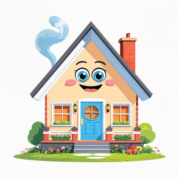 A cute and friendly cartoon house with a smiling face and big blue eyes, set in a cheerful garden. The house has a red brick chimney with smoke coming out, and a blue front door