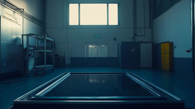 Empty high tech industrial cleanroom laboratory showing various metallic equipment, cabinets, and a large reflecting surface on the floor, creating a futuristic research and development environment