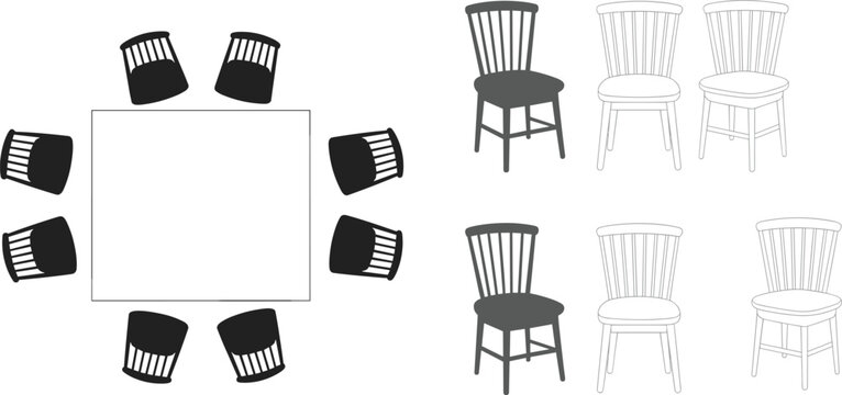 Dining table chairs top view set, wooden furniture collection flat vector