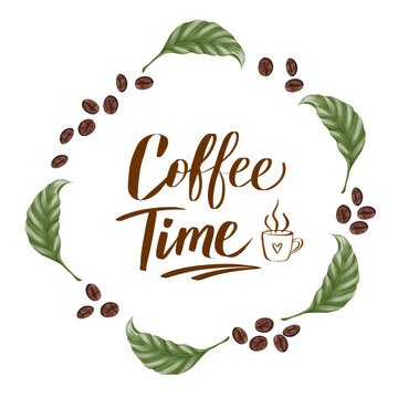 A circular frame featuring coffee beans and green leaves, paired with a watercolor coffee-themed font. A cozy, caf&eacute;-style design perfect for logos, menus, packaging, stickers, and branding for coffee.