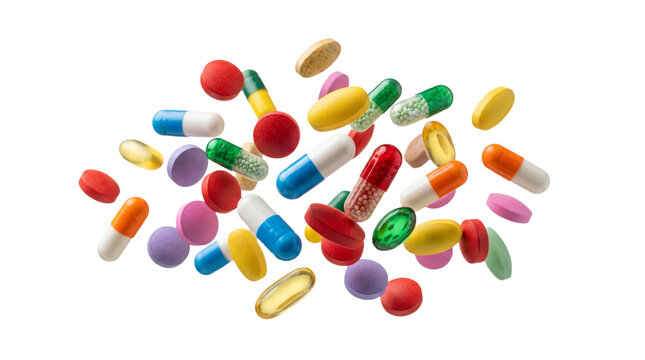 Assorted pharmaceutical medicinal pills capsules and tablets floating mid air isolated on white background png file.