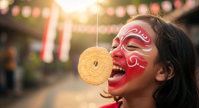 Girl eating cracker during Indonesian Independence Day celebration.