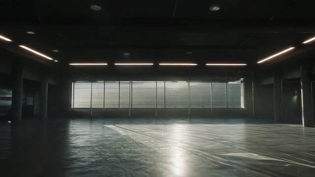 Open industrial warehouse interior featuring a vast concrete floor, modern linear lighting, and large windows with horizontal blinds, creating a minimalist and functional urban space