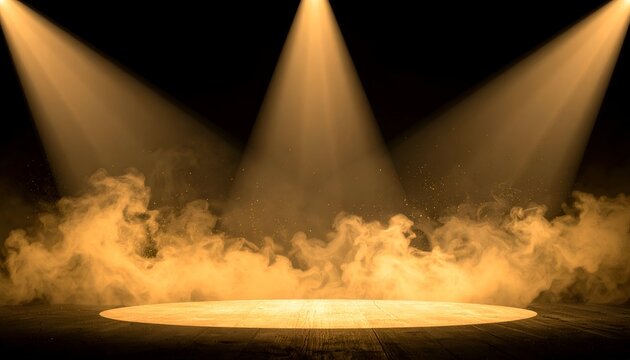 Three spotlights illuminate a stage with billowing fog against a black background
