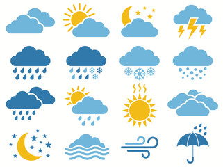 Obraz premium Flat Weather Icons Set – Simple Climate and Forecast Symbols Collection with Sun, Clouds, Rain and Snow