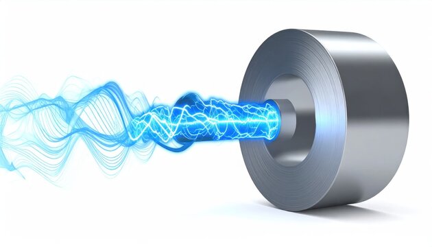 Blue electric discharge bolt passing through metallic industrial cylinder.